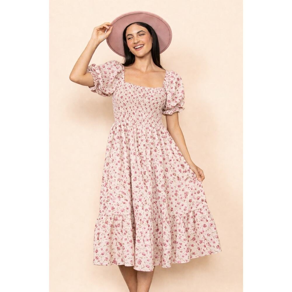 Elloh Pink Floral Smocked Midi Dress Medium Puff Sleeve Cottagecore Tiered Flowy